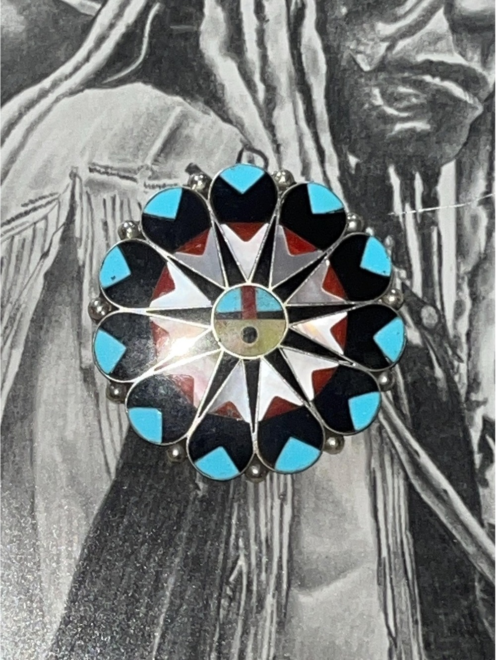 Zuni sterling silver turquoise, onyx, coral, mother of pearl inlay sunface pin